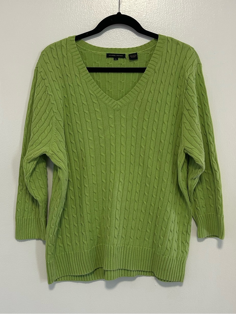 Jeanne Pierre Lime Cable-Knit V-Neck Sweater